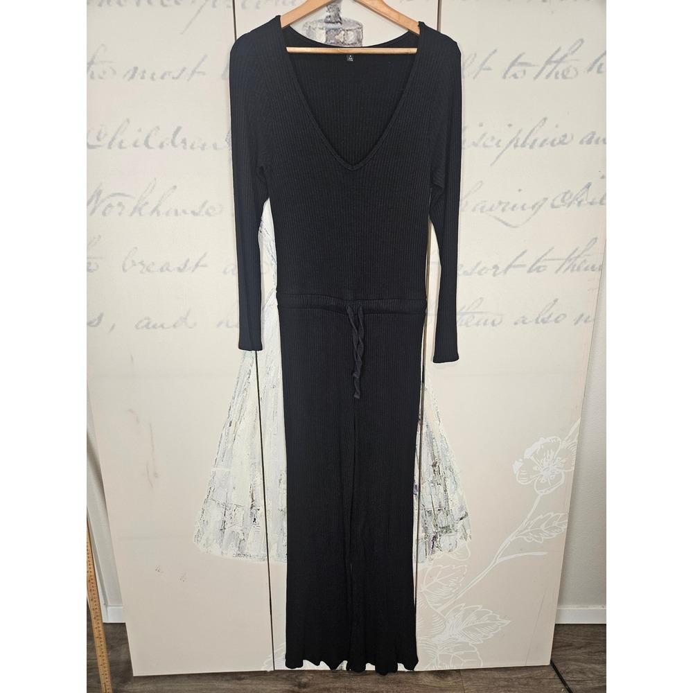 Beyond Yoga Black Ribbed V-Neck Long Sleeve Wide Leg Jumpsuit NK6160 Womens M